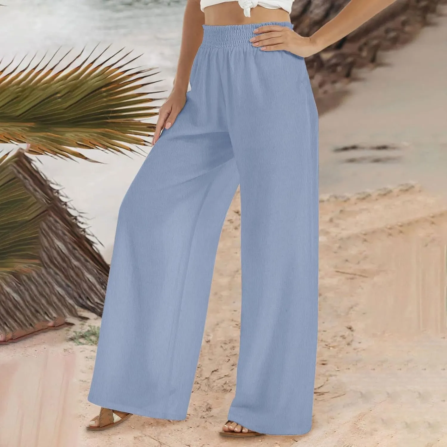 Linen Pants for Women Palazzo Wide Leg Elastic High Waisted Straight Wide Pant with Pockets Flared Trousers 2025