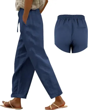 Linen Pants Women 2025 Summer Casual Elastic Waist Straight Leg Lounge Pant Plus Size Loose Drawstring Beach Trousers