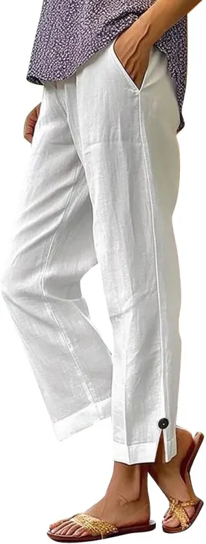 Linen Pants Women Comfy Elastic Waist Lightweight Boho Trousers with Pockets Soft Cotton Summer Hawaiian Beach Pants