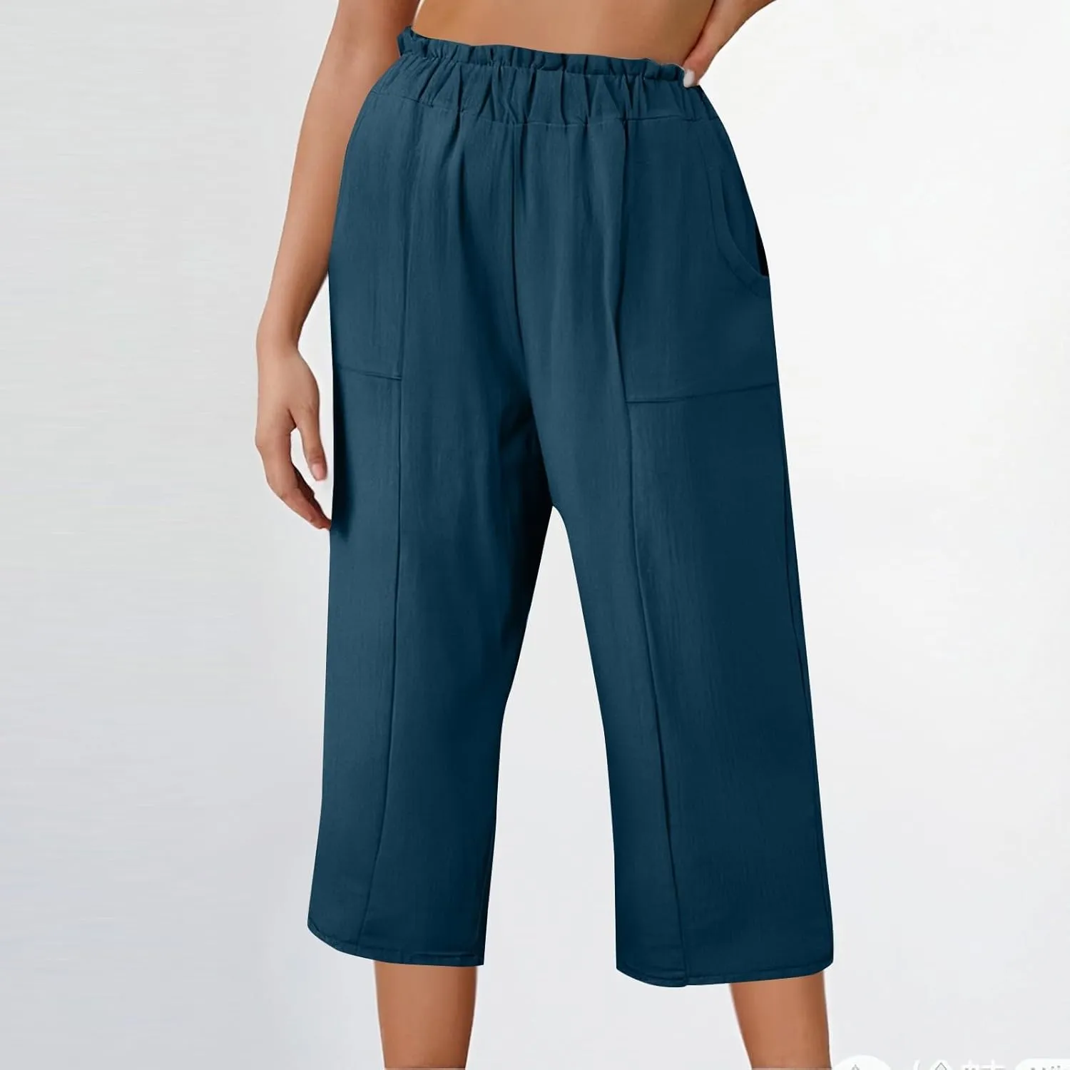 Linen Pants Women Summer Wide Leg Capri Pants High Waisted Capris Loose Palazzo Pant Cropped Trousers