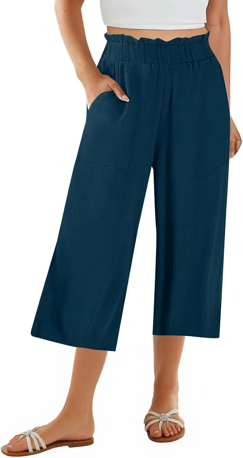 Linen Pants Women Summer Wide Leg Capri Pants High Waisted Capris Loose Palazzo Pant Cropped Trousers