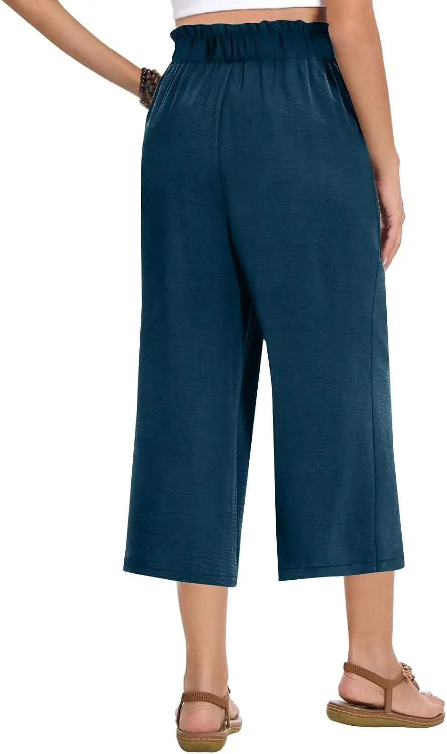 Linen Pants Women Summer Wide Leg Capri Pants High Waisted Capris Loose Palazzo Pant Cropped Trousers