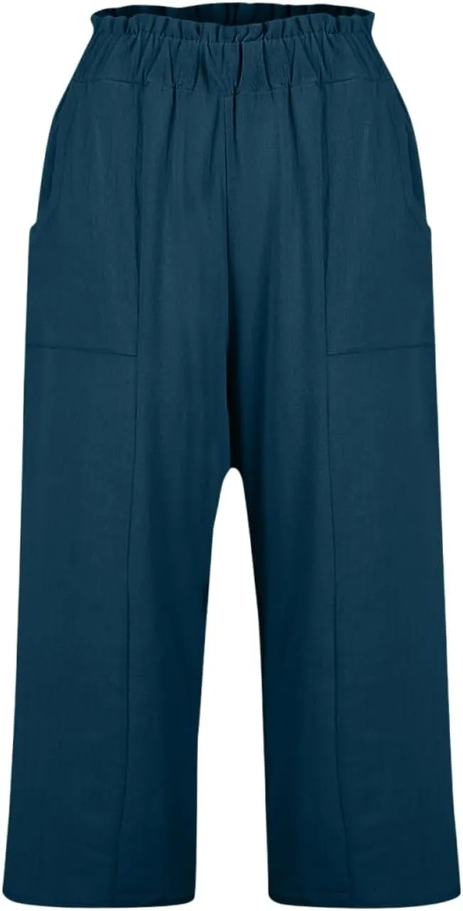 Linen Pants Women Summer Wide Leg Capri Pants High Waisted Capris Loose Palazzo Pant Cropped Trousers