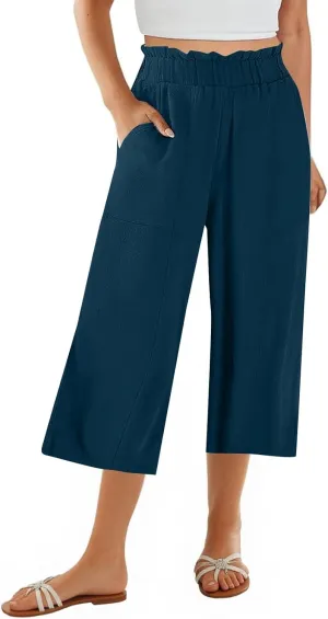 Linen Pants Women Summer Wide Leg Capri Pants High Waisted Capris Loose Palazzo Pant Cropped Trousers