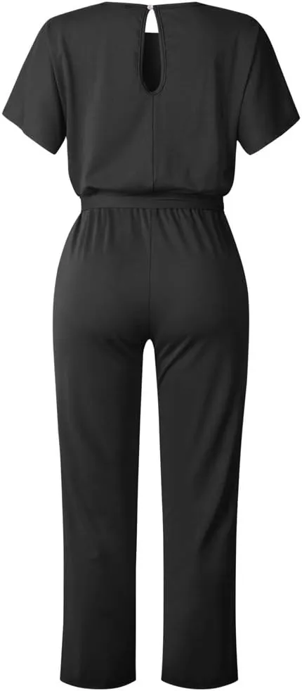 Lisa Colly Women's Summer Casual Solid Short Sleeve Wide Leg Jumpsuits Rompers Overalls Party Club Pants