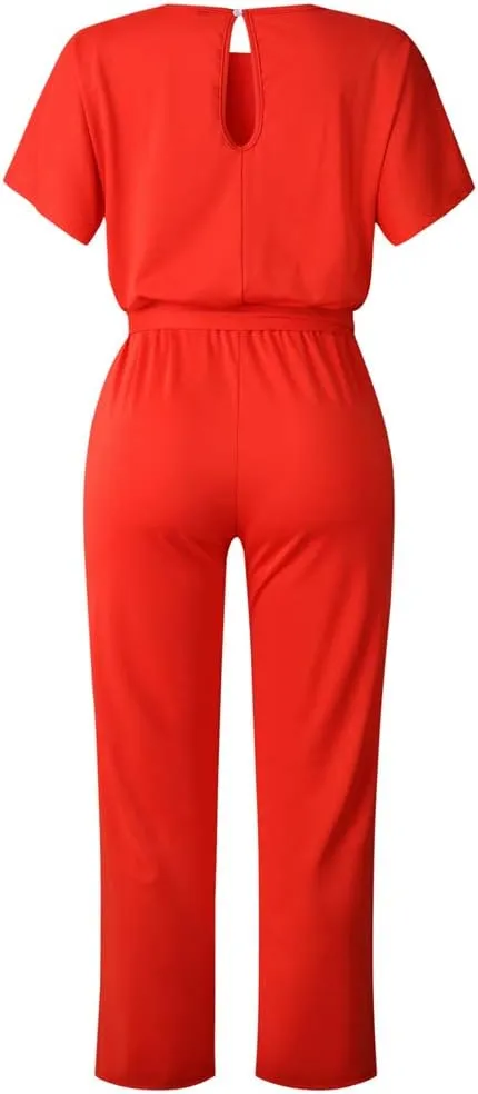 Lisa Colly Women's Summer Casual Solid Short Sleeve Wide Leg Jumpsuits Rompers Overalls Party Club Pants