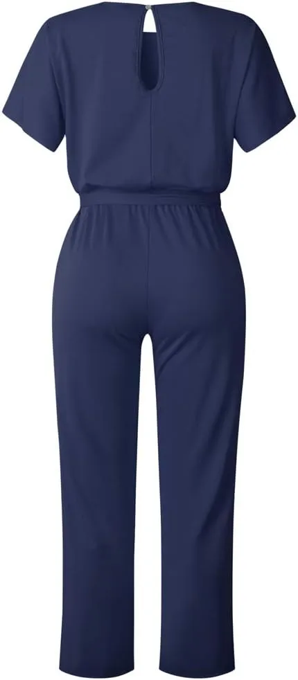 Lisa Colly Women's Summer Casual Solid Short Sleeve Wide Leg Jumpsuits Rompers Overalls Party Club Pants