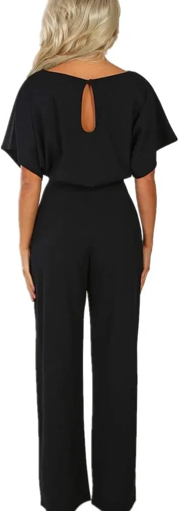 Lisa Colly Women's Summer Casual Solid Short Sleeve Wide Leg Jumpsuits Rompers Overalls Party Club Pants