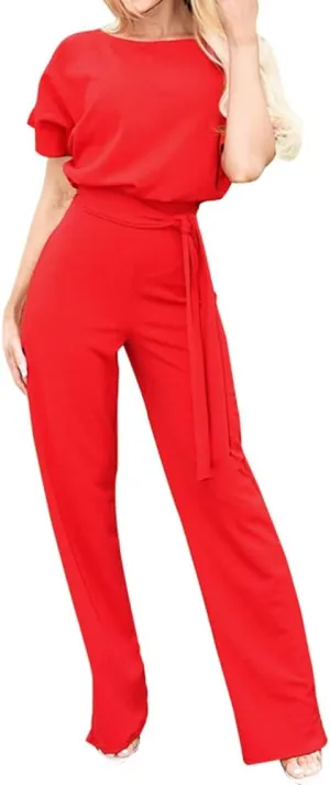 Lisa Colly Women's Summer Casual Solid Short Sleeve Wide Leg Jumpsuits Rompers Overalls Party Club Pants