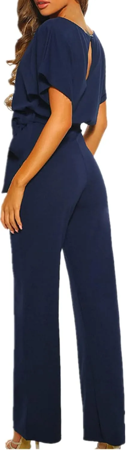 Lisa Colly Women's Summer Casual Solid Short Sleeve Wide Leg Jumpsuits Rompers Overalls Party Club Pants