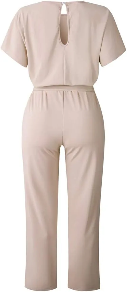 Lisa Colly Women's Summer Casual Solid Short Sleeve Wide Leg Jumpsuits Rompers Overalls Party Club Pants