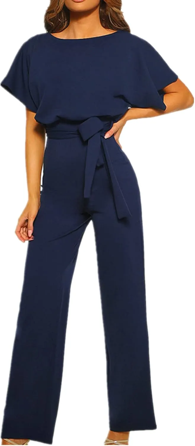 Lisa Colly Women's Summer Casual Solid Short Sleeve Wide Leg Jumpsuits Rompers Overalls Party Club Pants
