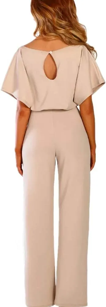 Lisa Colly Women's Summer Casual Solid Short Sleeve Wide Leg Jumpsuits Rompers Overalls Party Club Pants