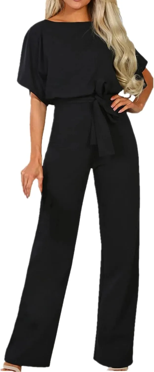 Lisa Colly Women's Summer Casual Solid Short Sleeve Wide Leg Jumpsuits Rompers Overalls Party Club Pants