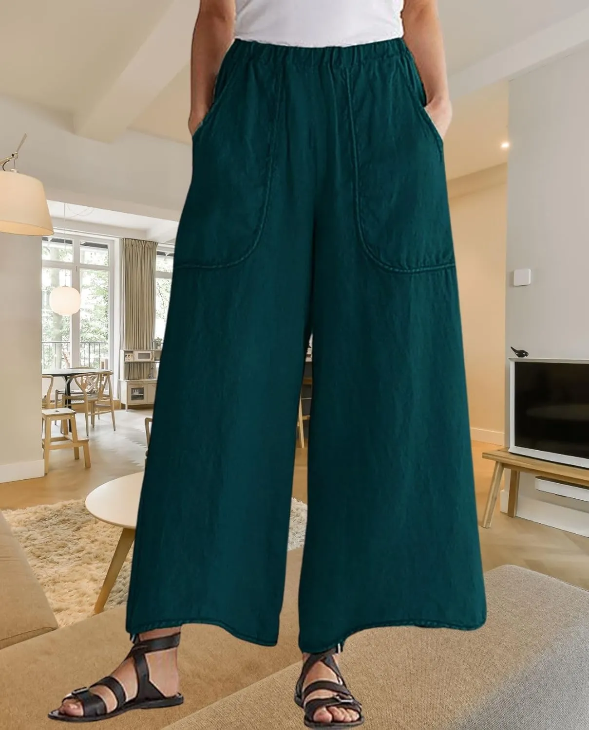 Long Pants for Womens High Waisted Straight Wide Leg Trousers Casual Loose Elastic Waist Palazzo Pants