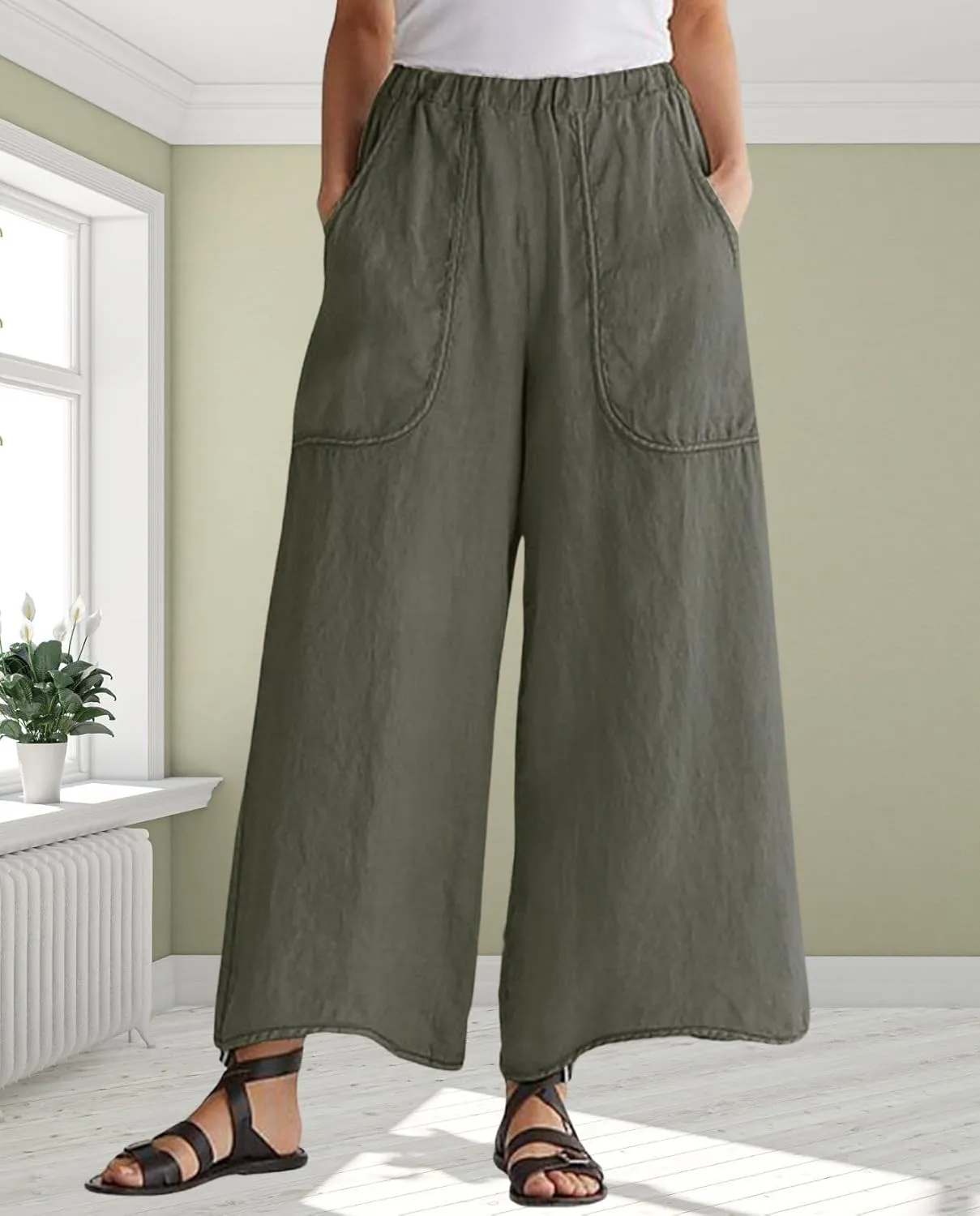 Long Pants for Womens High Waisted Straight Wide Leg Trousers Casual Loose Elastic Waist Palazzo Pants