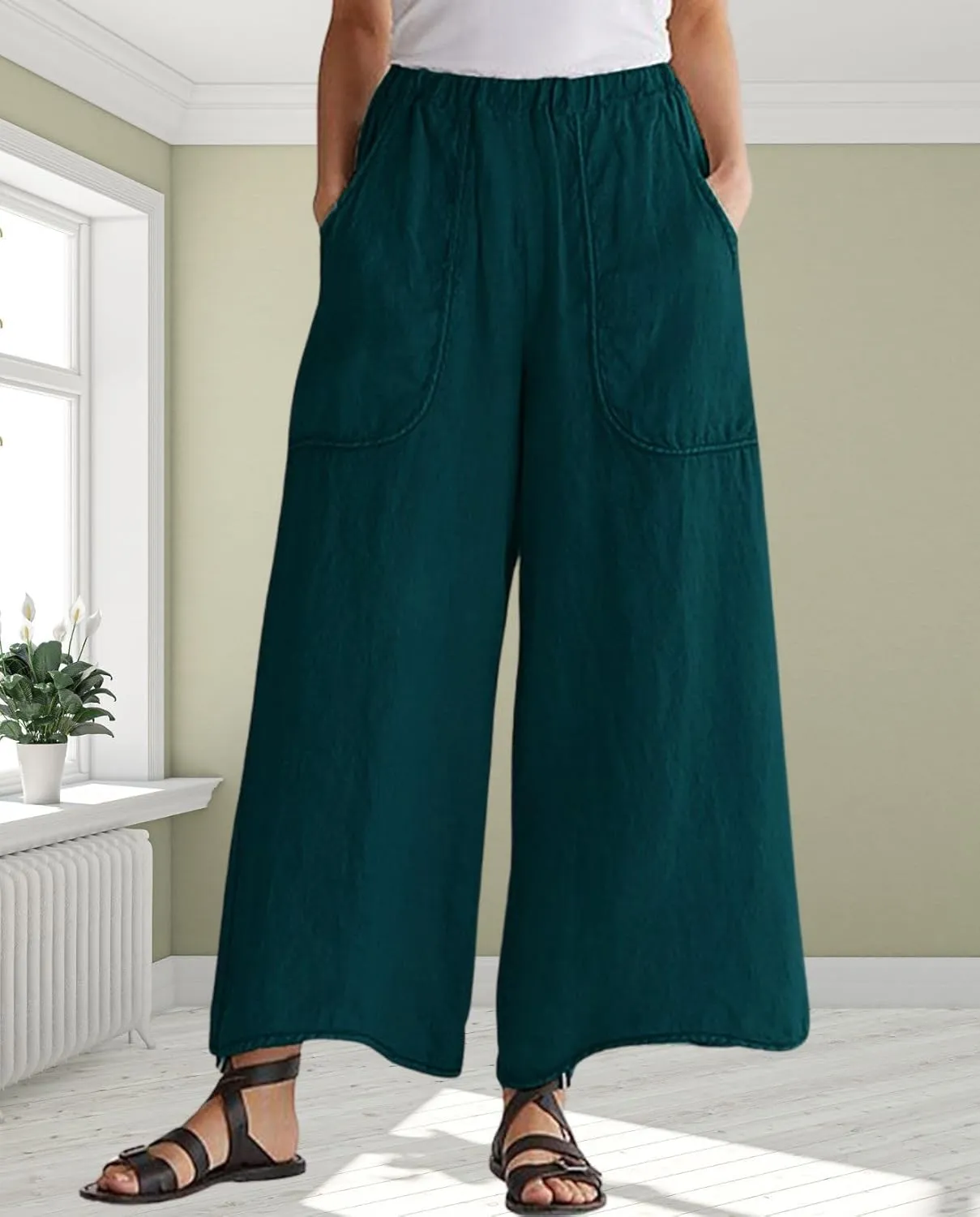 Long Pants for Womens High Waisted Straight Wide Leg Trousers Casual Loose Elastic Waist Palazzo Pants