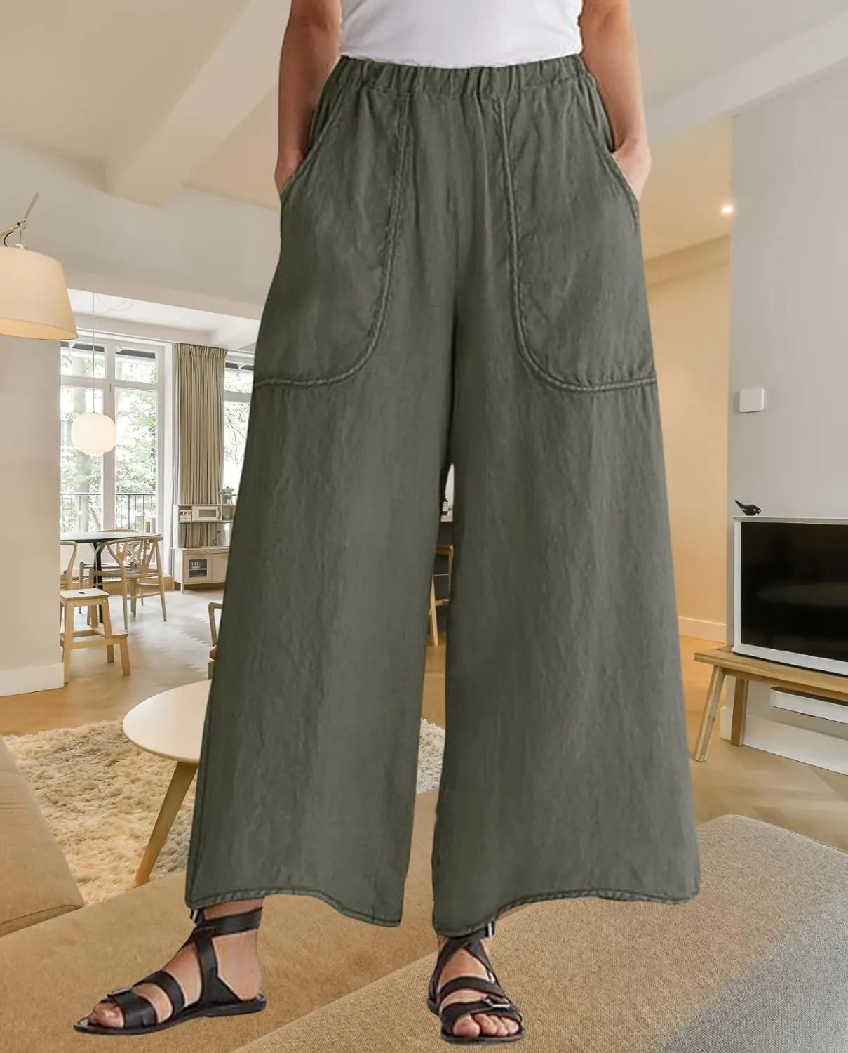 Long Pants for Womens High Waisted Straight Wide Leg Trousers Casual Loose Elastic Waist Palazzo Pants