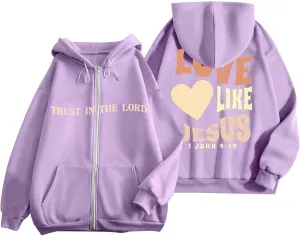 Love Like Jesus Zip Up Christian Hoodies for Women Bible Verse Graphic Y2K Hooded Sweatshirt Coat Fall Fashion Comfort Hoodie