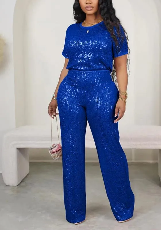 LROSEY Women's Glitter Metallic Sequin Two Piece Outfit Suit Set Tops Pants Outfits Jumpsuit