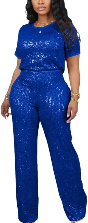 LROSEY Women's Glitter Metallic Sequin Two Piece Outfit Suit Set Tops Pants Outfits Jumpsuit