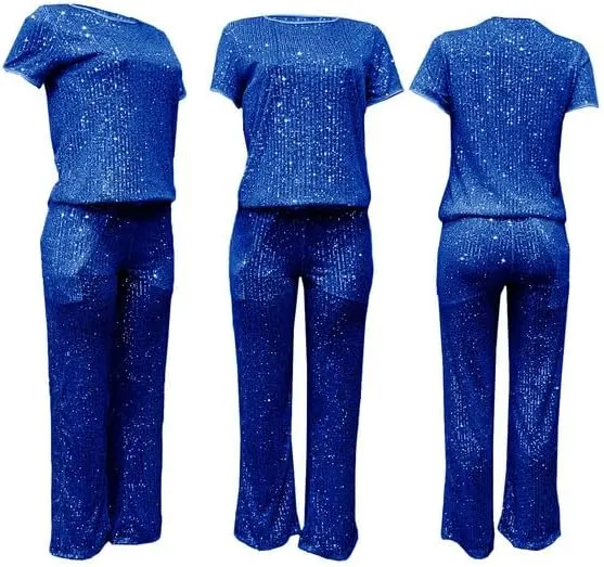 LROSEY Women's Glitter Metallic Sequin Two Piece Outfit Suit Set Tops Pants Outfits Jumpsuit