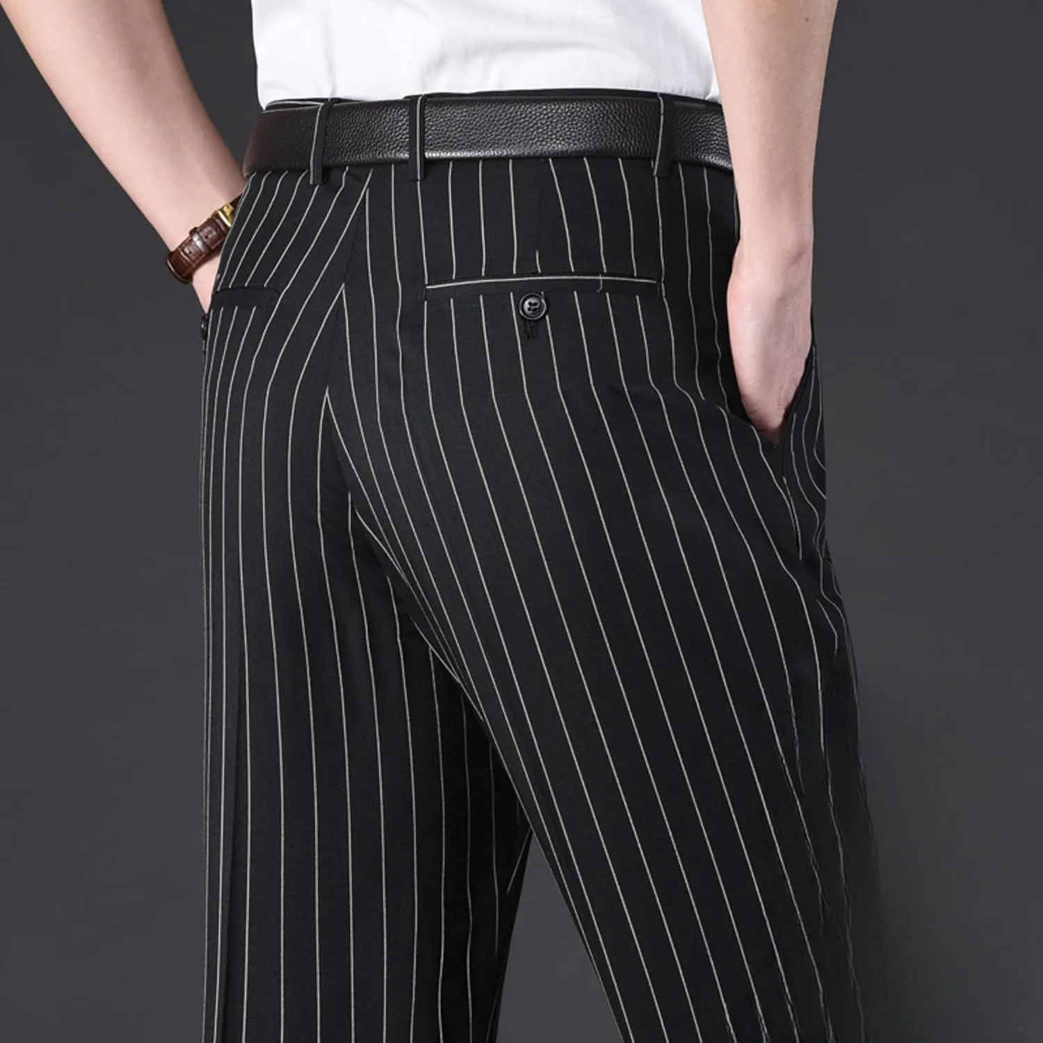 Maiyifu-GJ Men's Slim Striped Casual Tapered Pant Pinstripe Wrinkle Resistant Suit Pant Lightweight Business Dress Trousers