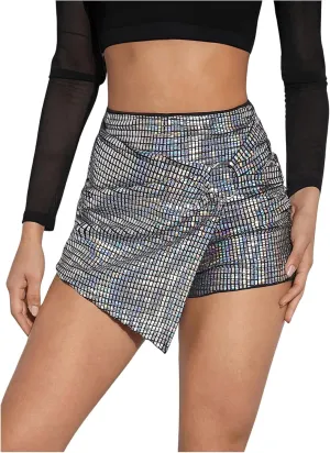 MakeMeChic Women's Sequin Skort Metallic Ring Linked Wrap Front Y2K Rave Sparkly Shorts Skorts