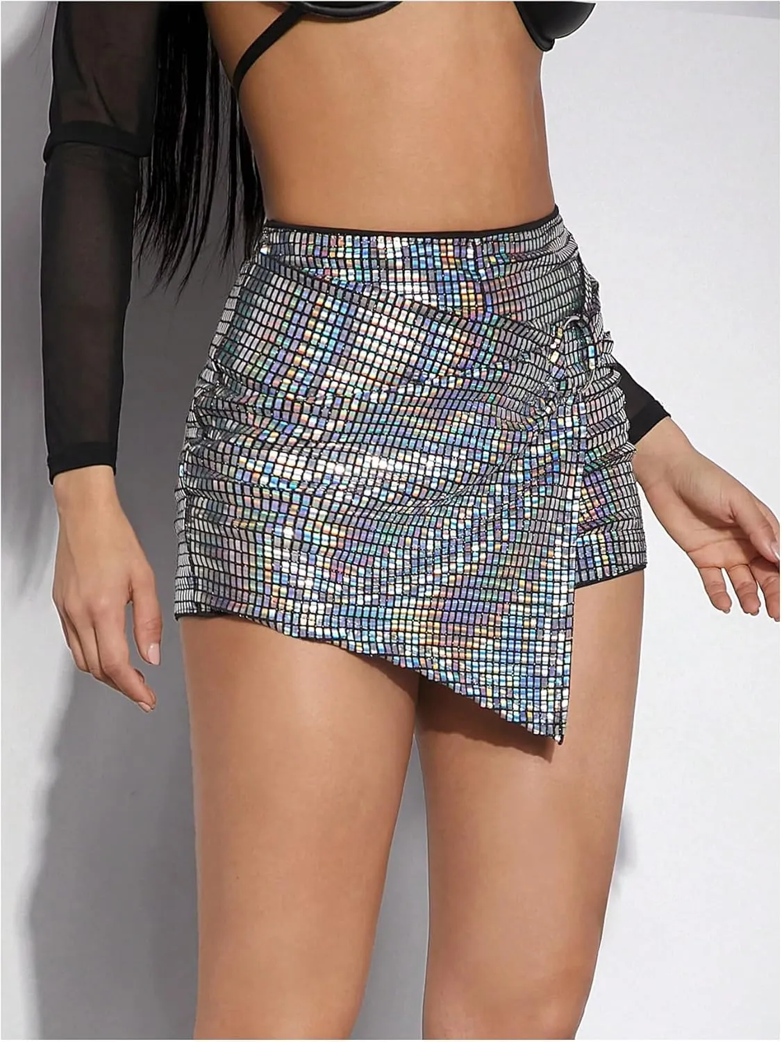 MakeMeChic Women's Sequin Skort Metallic Ring Linked Wrap Front Y2K Rave Sparkly Shorts Skorts