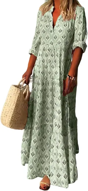 MARSVOVO Women's Floral Print Boho Maxi Dress Long Sleeve Mock Neck High Waist Casual Comfort Beach Flowy Tunic Dress