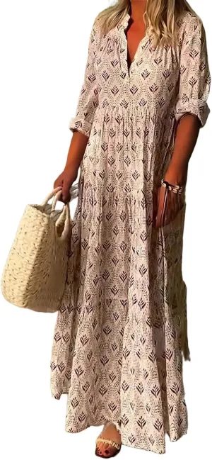 MARSVOVO Women's Floral Print Boho Maxi Dress Long Sleeve Mock Neck High Waist Casual Comfort Beach Flowy Tunic Dress