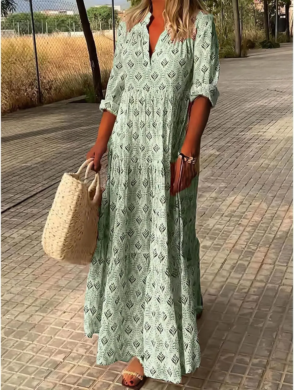 MARSVOVO Women's Floral Print Boho Maxi Dress Long Sleeve Mock Neck High Waist Casual Comfort Beach Flowy Tunic Dress