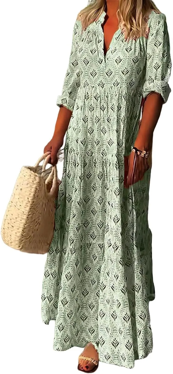 MARSVOVO Women's Floral Print Boho Maxi Dress Long Sleeve Mock Neck High Waist Casual Comfort Beach Flowy Tunic Dress