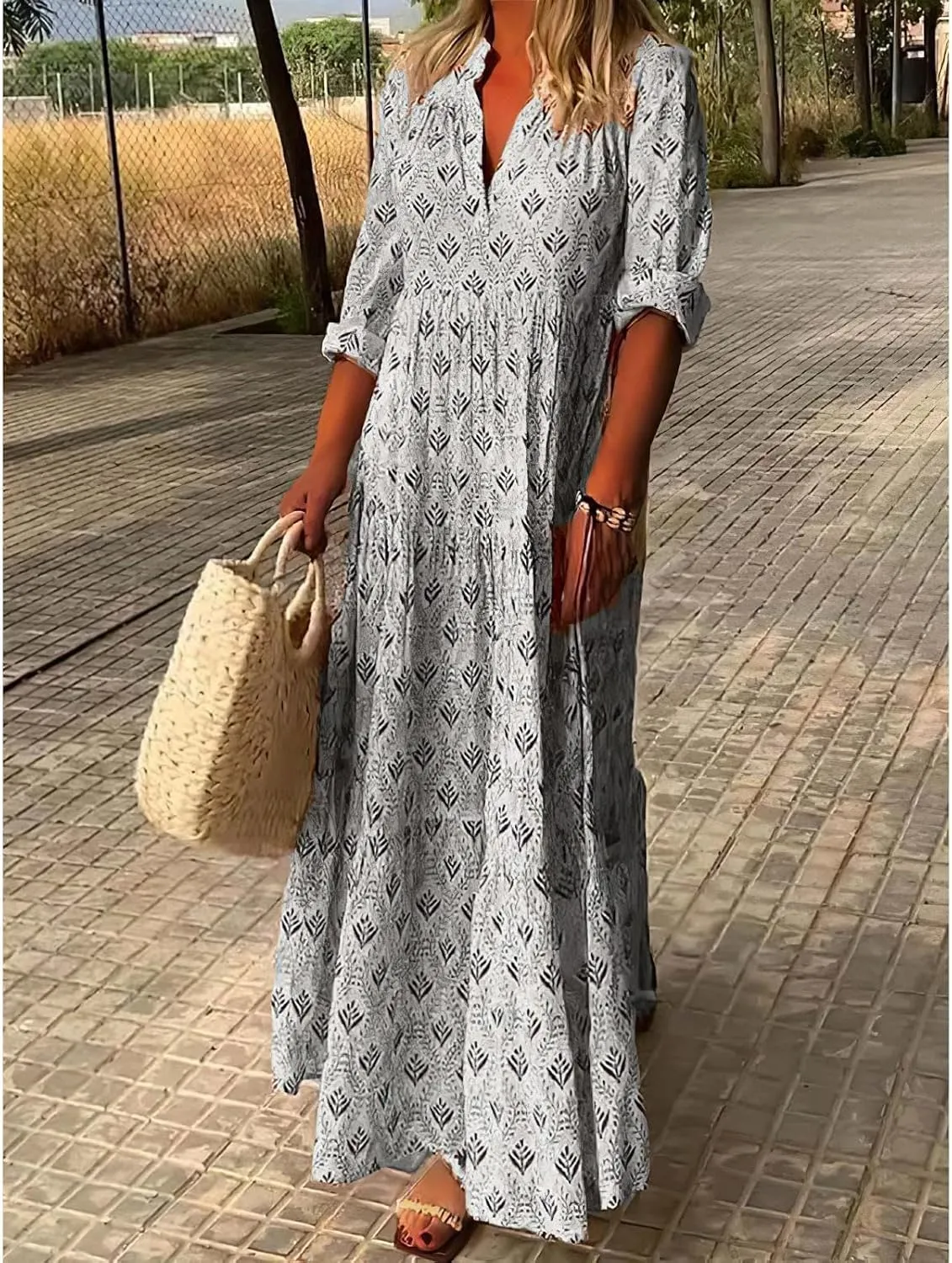 MARSVOVO Women's Floral Print Boho Maxi Dress Long Sleeve Mock Neck High Waist Casual Comfort Beach Flowy Tunic Dress
