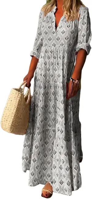 MARSVOVO Women's Floral Print Boho Maxi Dress Long Sleeve Mock Neck High Waist Casual Comfort Beach Flowy Tunic Dress