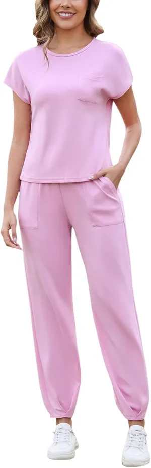 Marvmys Women's Casual Crew Neck Short Sleeve Lounge Set 2 Piece Outfits Travel Tracksuit Pants and Top Loungewear Set