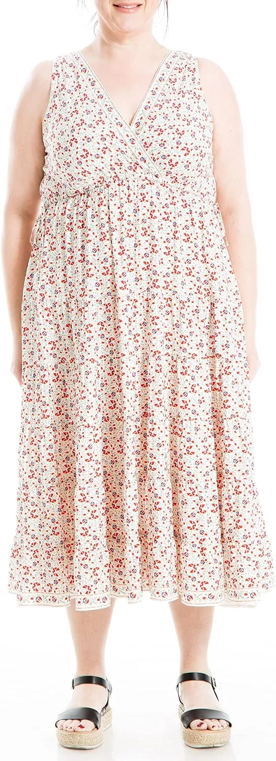Max Studio Women's Plus Size Sleevless V Neck Tiered Midi Dress