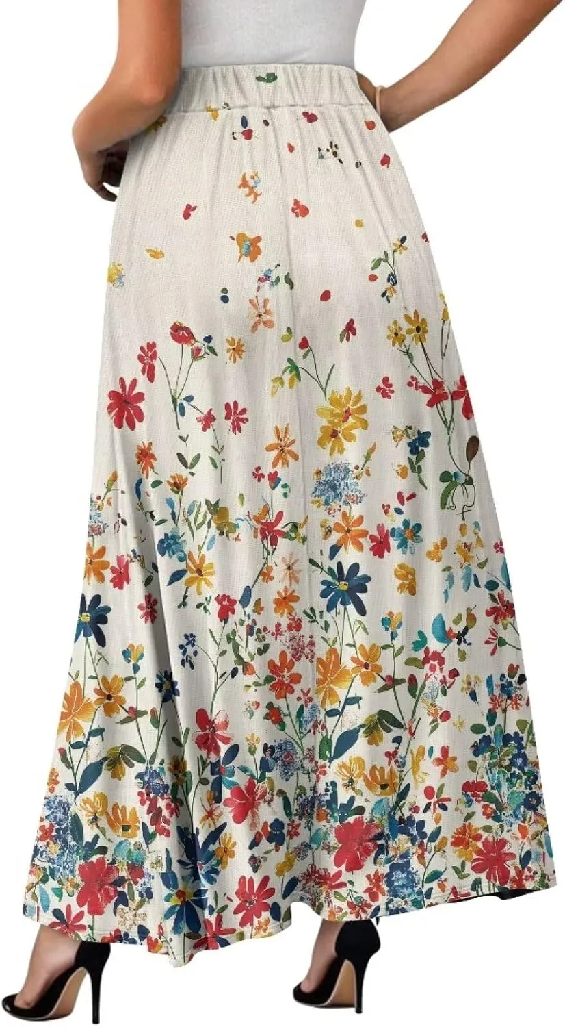 Maxi Skirts for Women Flowy Autumn Skirts with Pockets Pleated Skirt High Waisted Midi Long Skirt Reg and Plus Size S-XXL
