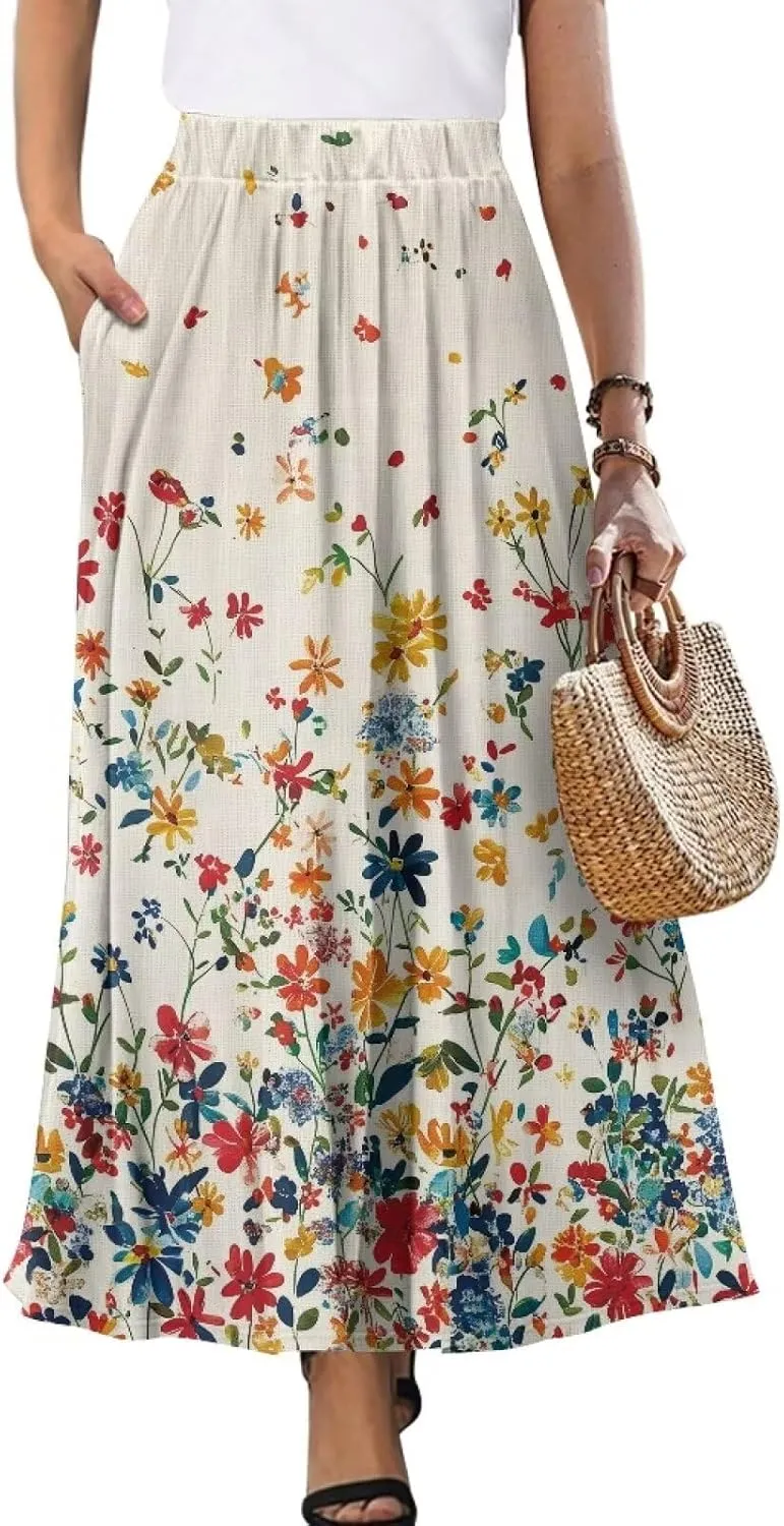 Maxi Skirts for Women Flowy Autumn Skirts with Pockets Pleated Skirt High Waisted Midi Long Skirt Reg and Plus Size S-XXL