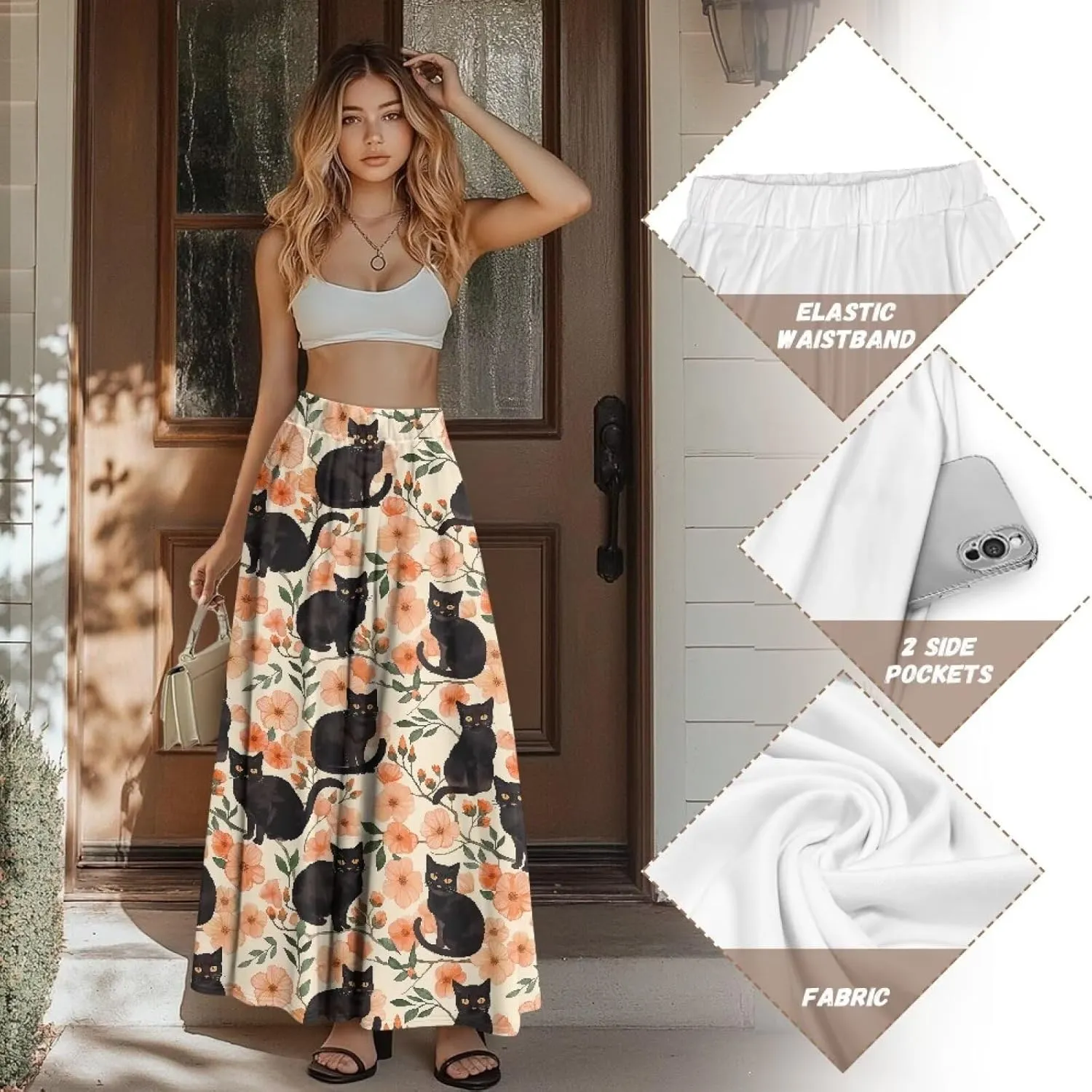 Maxi Skirts for Women Flowy Autumn Skirts with Pockets Pleated Skirt High Waisted Midi Long Skirt Reg and Plus Size S-XXL