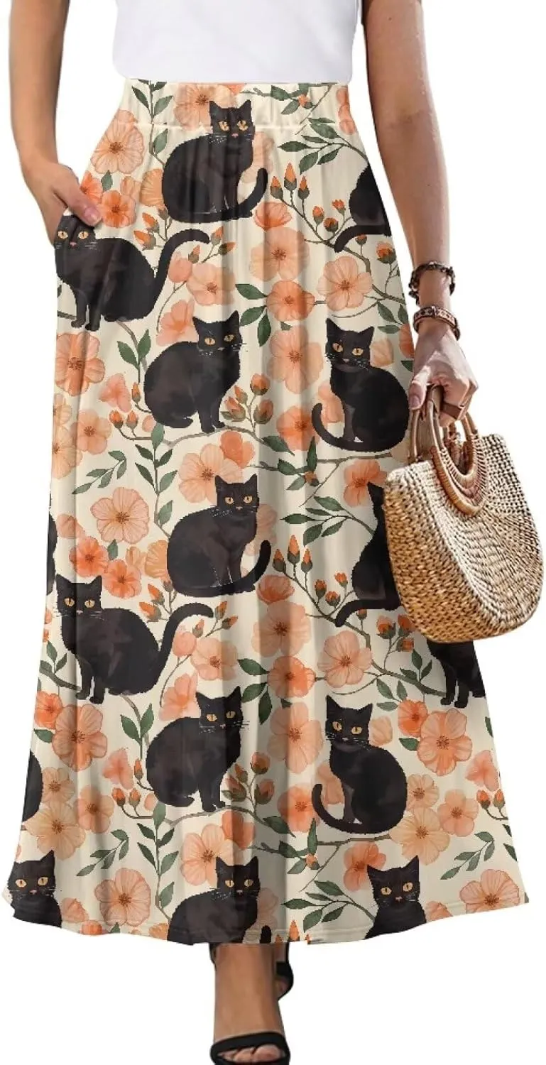 Maxi Skirts for Women Flowy Autumn Skirts with Pockets Pleated Skirt High Waisted Midi Long Skirt Reg and Plus Size S-XXL
