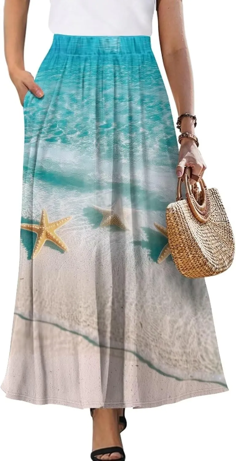 Maxi Skirts for Women with Pockets Pleated Elastic High Waist Flowy A-Line Midi Long Skirts Casual Work Long Skirt S-XXL