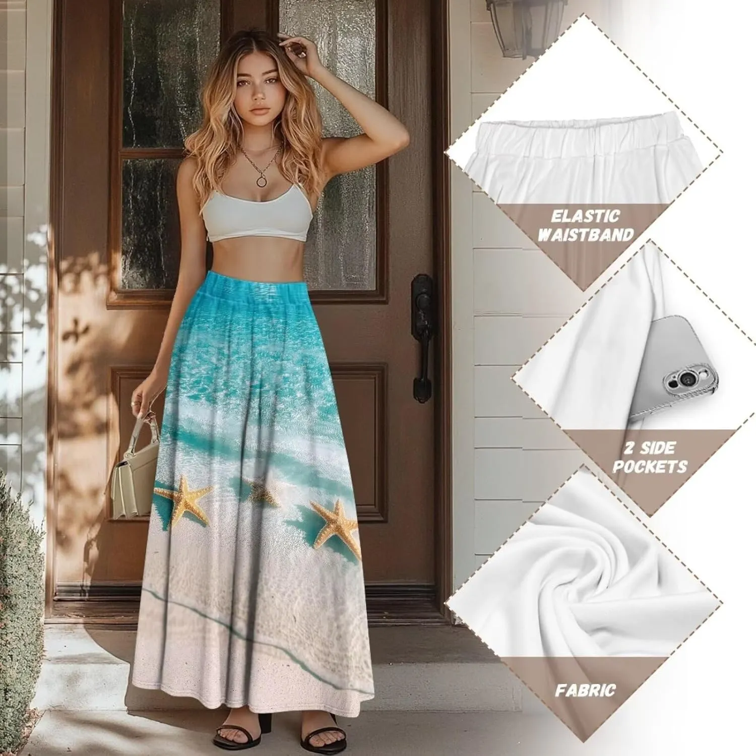 Maxi Skirts for Women with Pockets Pleated Elastic High Waist Flowy A-Line Midi Long Skirts Casual Work Long Skirt S-XXL