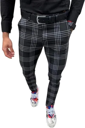 Men Checked Printed Dress Pants Plaid Casual Slim Fit Stretch Pant Stylish Flat Front Business Pencil Trousers