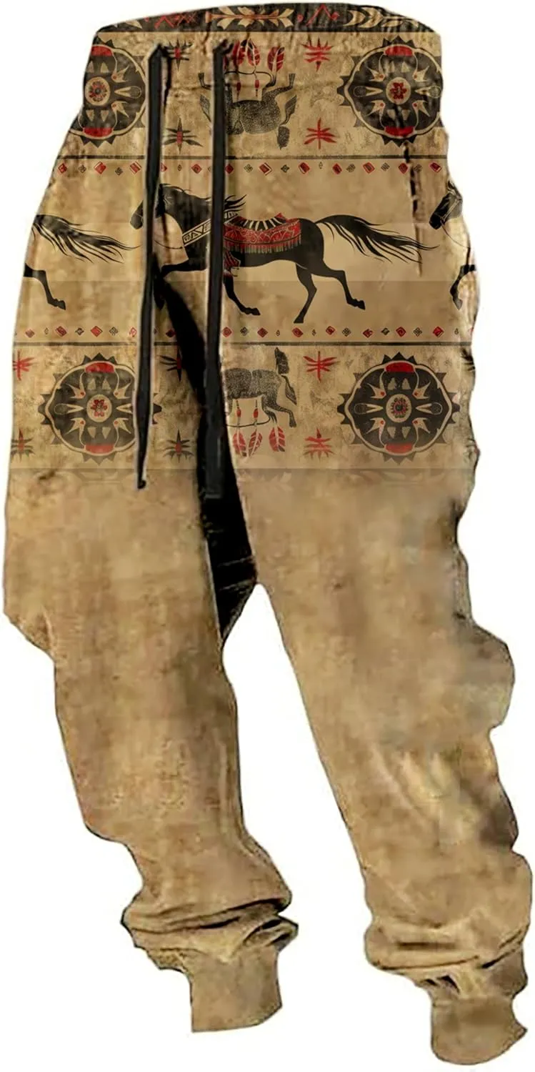 Mens Aztec Graphic Print Sweatpants Native American Pants Drawstring Waist Hip Hop Casual Joggers Pant