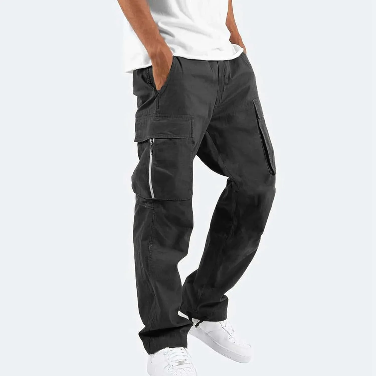 Mens Drawstring Cargo Pants Casual Solid Stretch Waist Sweatpants Athletic Running Tactical Trousers with Pockets