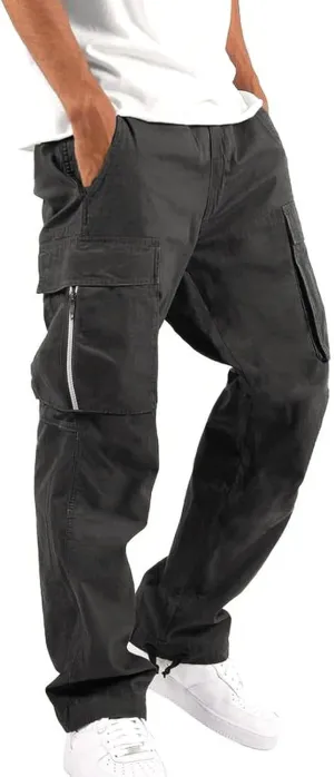 Mens Drawstring Cargo Pants Casual Solid Stretch Waist Sweatpants Athletic Running Tactical Trousers with Pockets