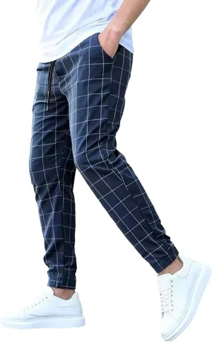 Mens Fashion Plaid Casual Feet Pants Skinny Pencil Jeans Tapered Pant Slim Fit Business Sports Pants