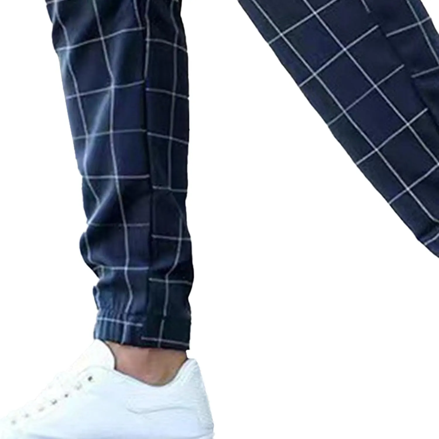 Mens Fashion Plaid Casual Feet Pants Skinny Pencil Jeans Tapered Pant Slim Fit Business Sports Pants