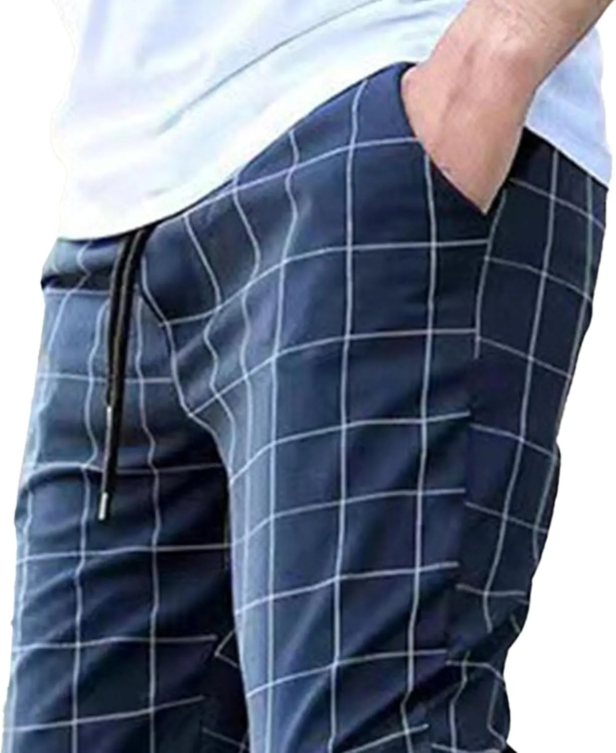 Mens Fashion Plaid Casual Feet Pants Skinny Pencil Jeans Tapered Pant Slim Fit Business Sports Pants